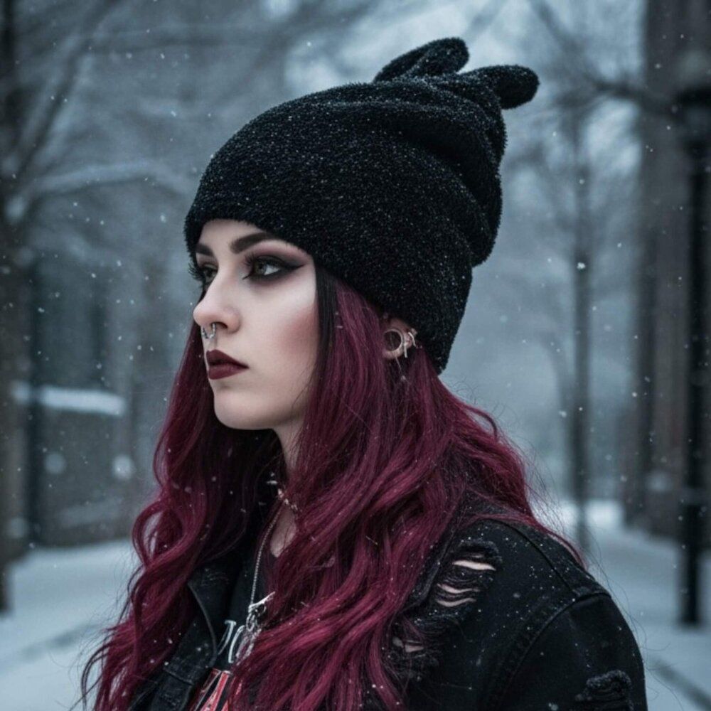 Black Plush Bunny Ear Beanie Winter Hat NWT